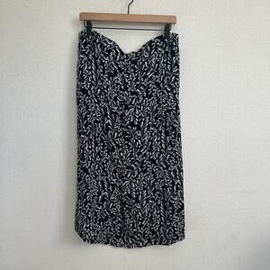 J Jill Skirt Large Petite Midi Black Floral Pull On Flowy Casual Elastic Waist